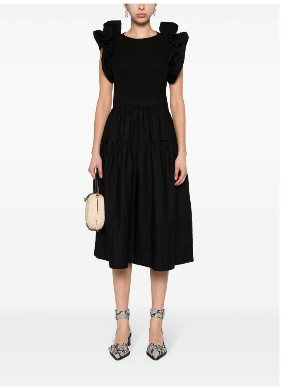 Ulla Johnson Francine Midi Dress Ruffle Cotton Designer Luxury Black Pockets 00